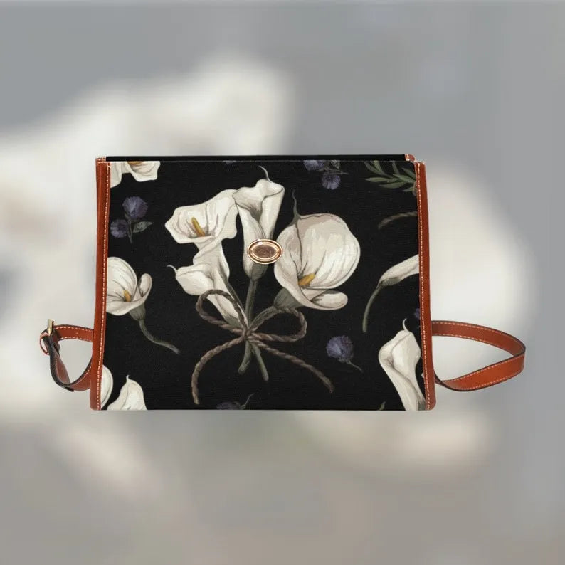 Black Floral Canvas Satchel Bag