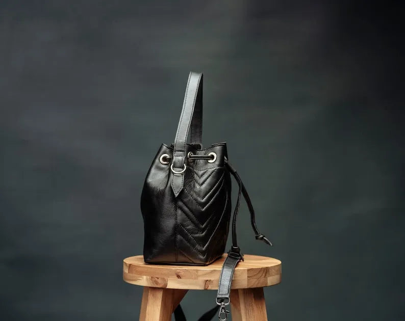 Black Leather Mini Bucket Bag