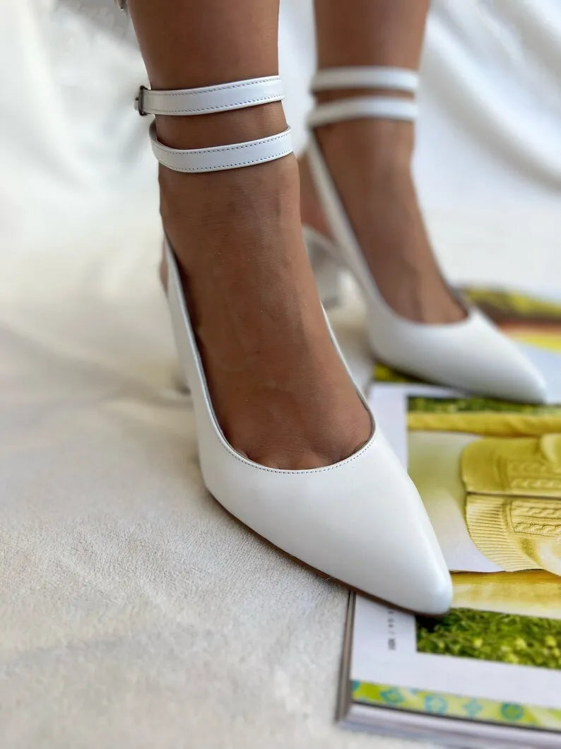Handmade White Leather Block Heeled Sandals