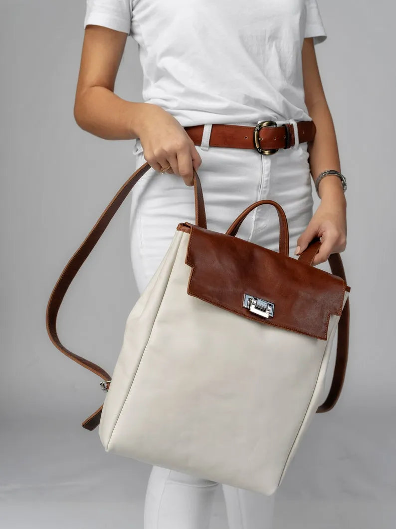 White Leather Rucksack Handmade Backpack