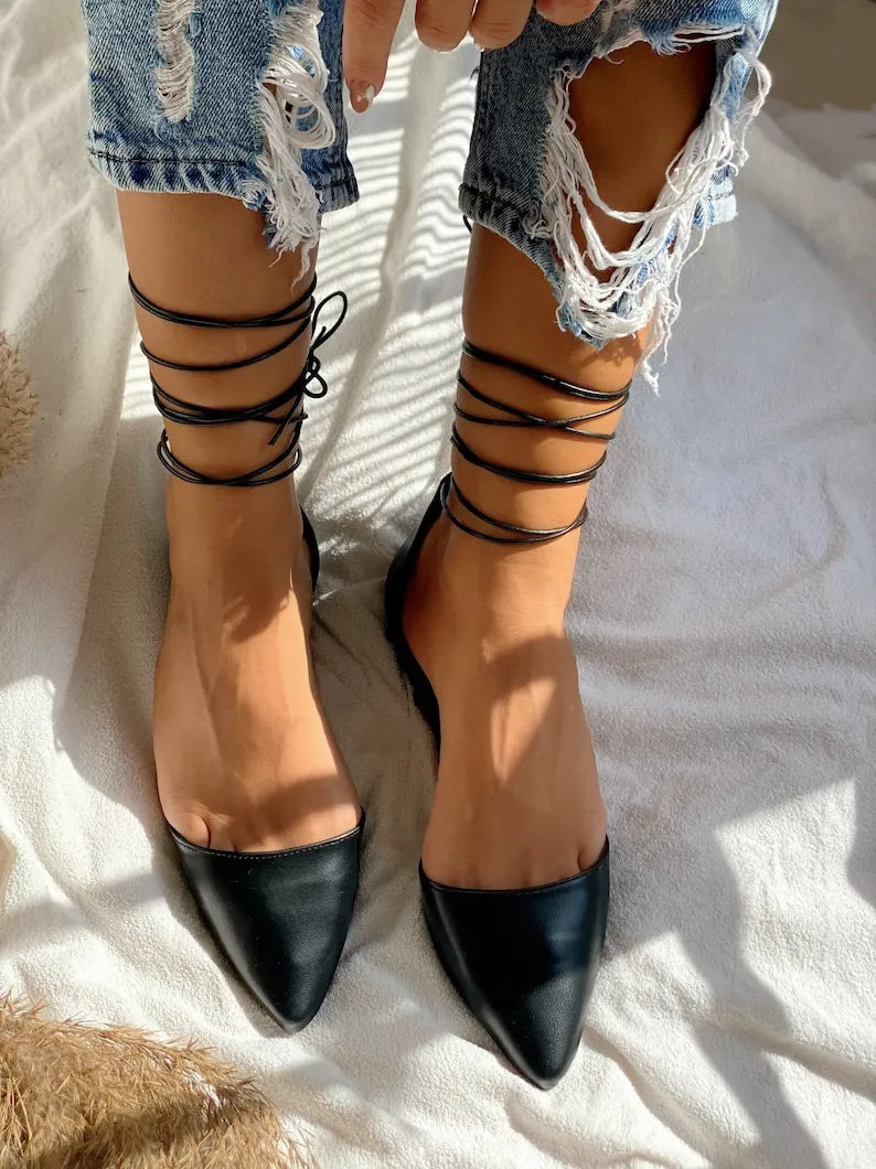 Women Black Leather Lace Up Mules