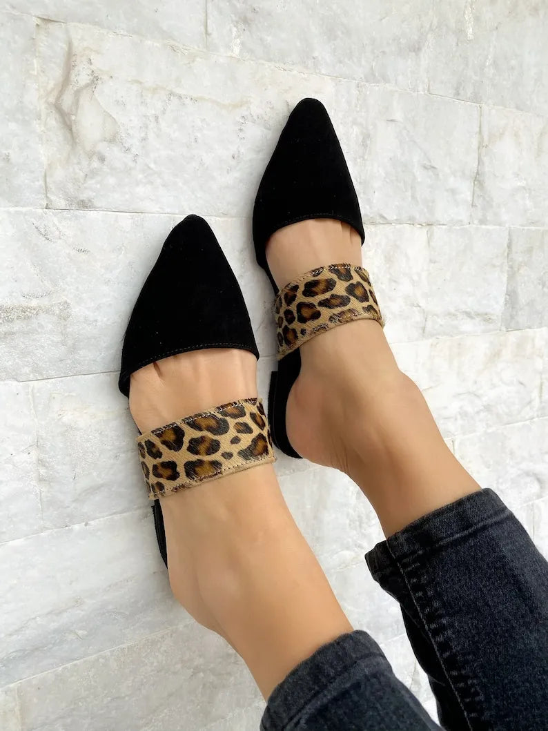 Women Black Leather Suede Mules