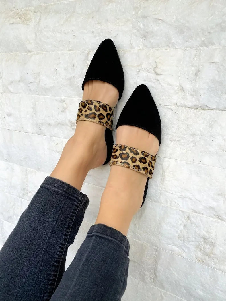 Women Black Leather Suede Mules