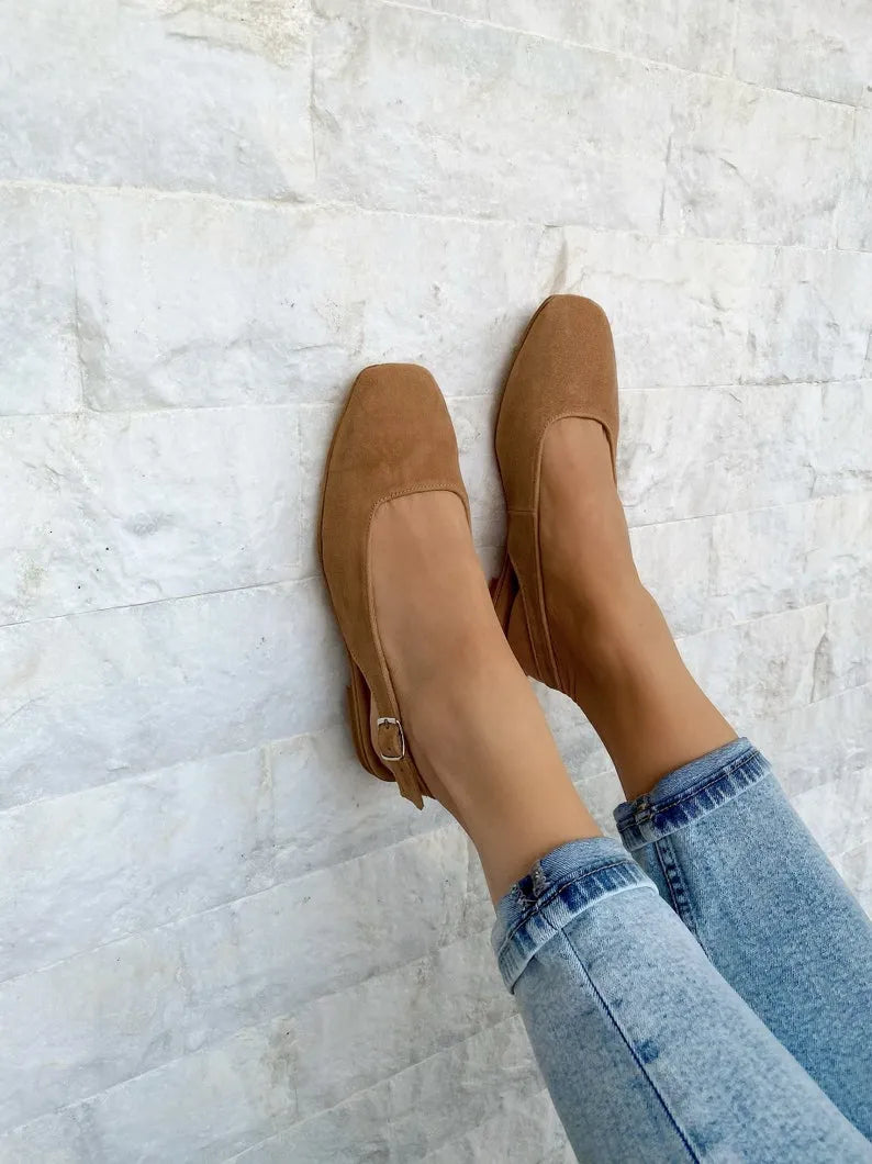 Women Brown Leather Suede Slingback Mules