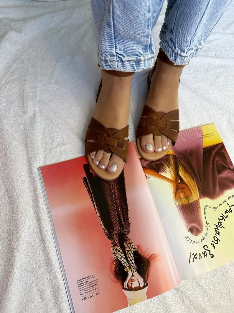 Women Greek Brown Leather Sandals