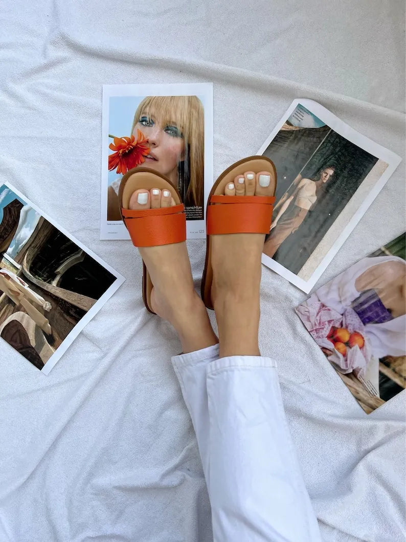 Women Orange Leather Slide Sandals