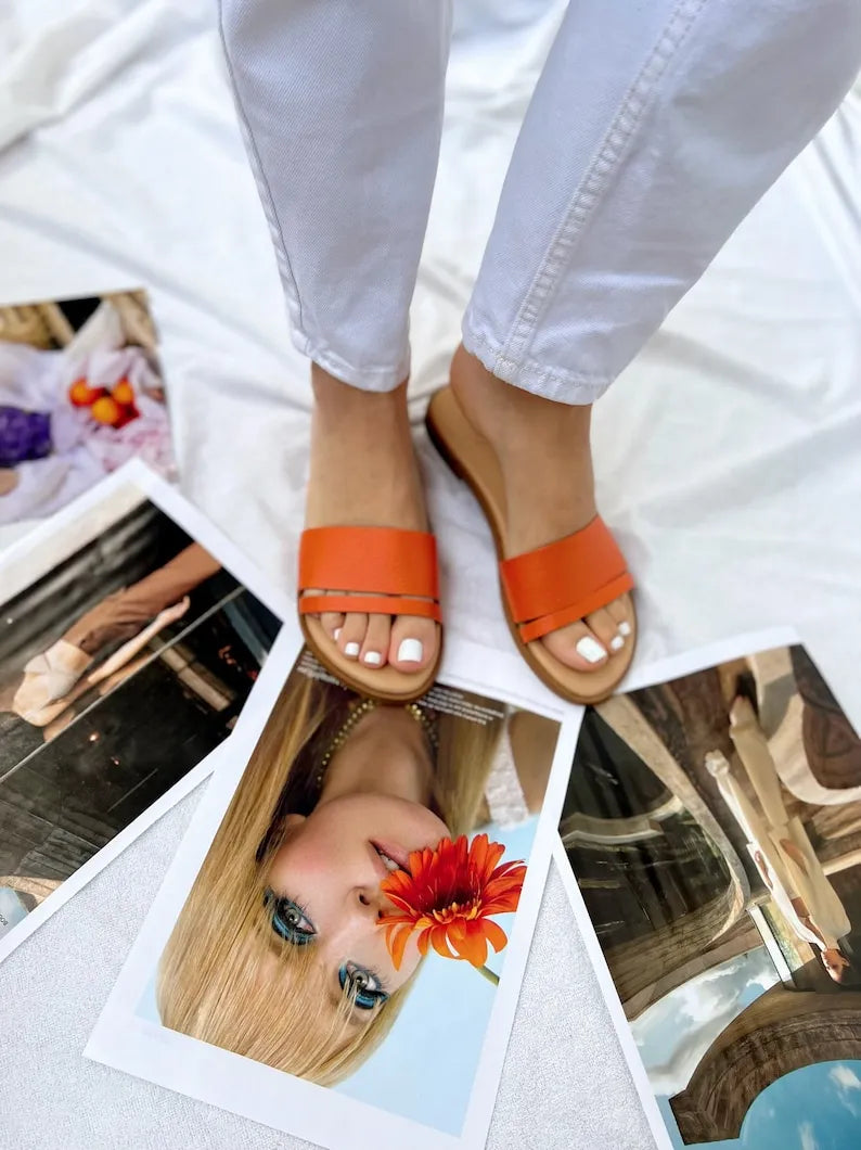 Women Orange Leather Slide Sandals