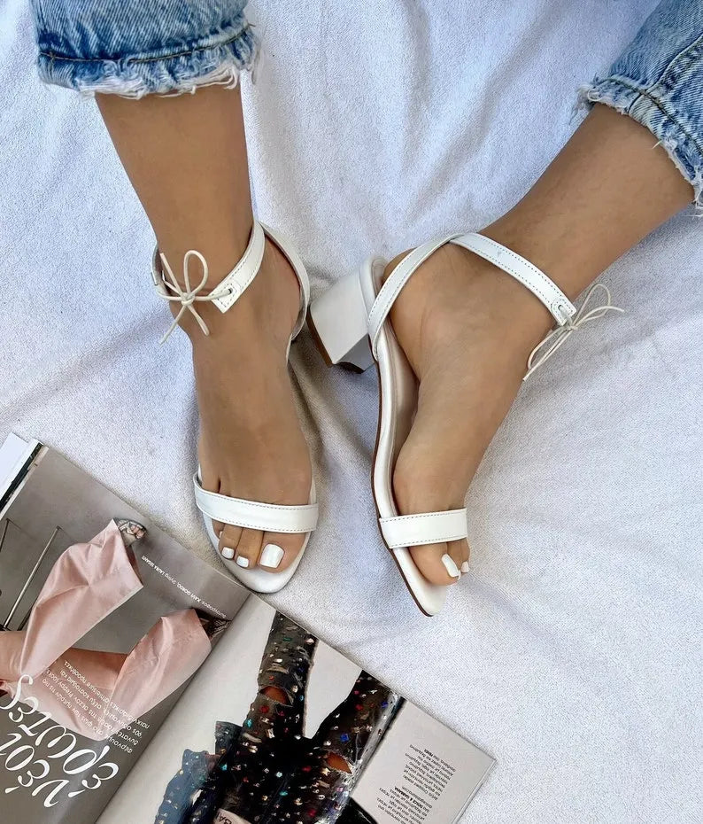 Women White Block Heel Leather Sandals