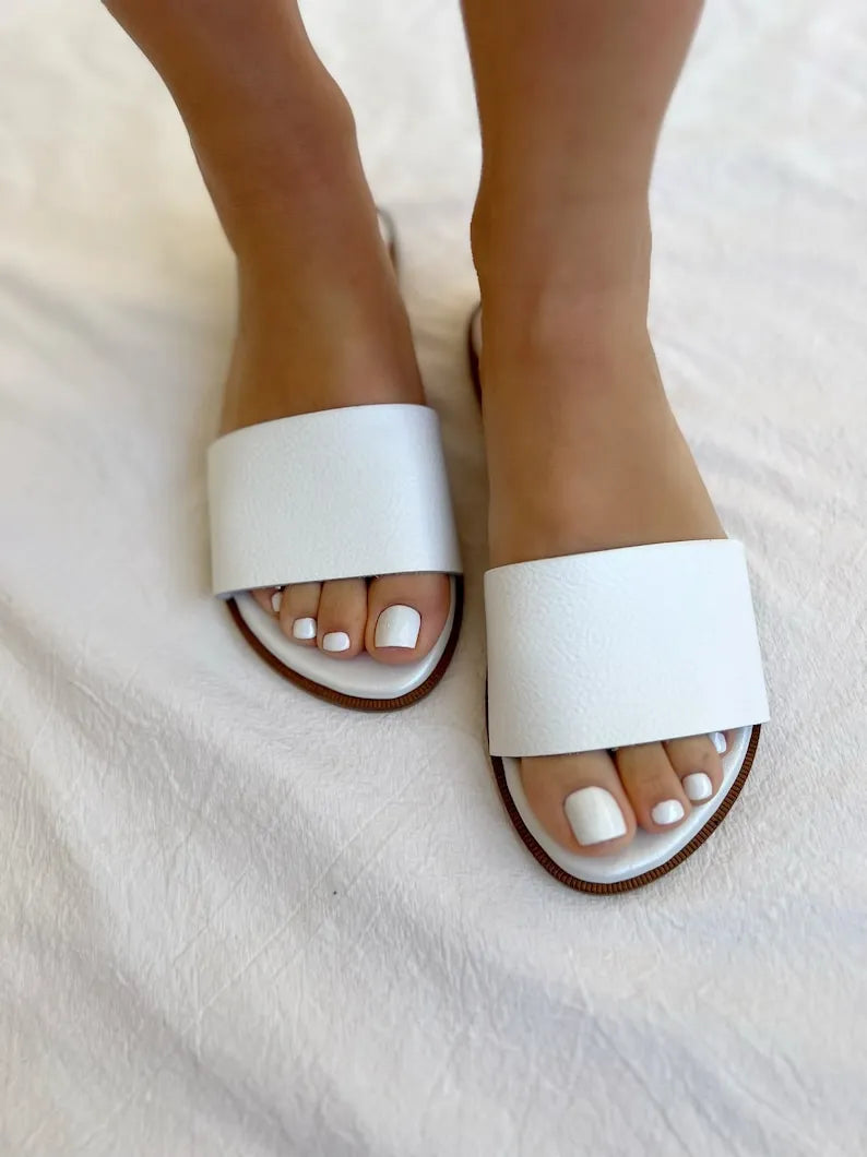 Women White Leather Slide Sandals