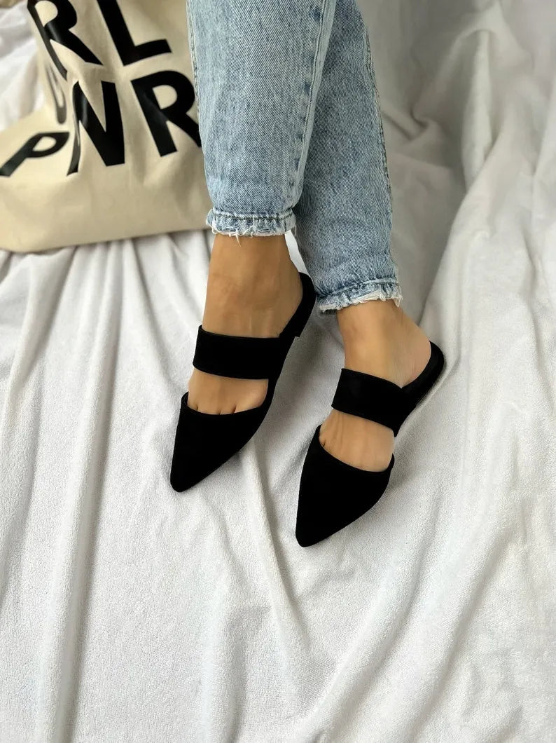 Women White Leather Suede Mules
