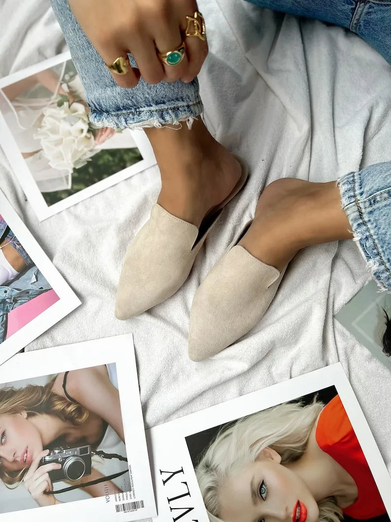 Women White Leather Suede Mules