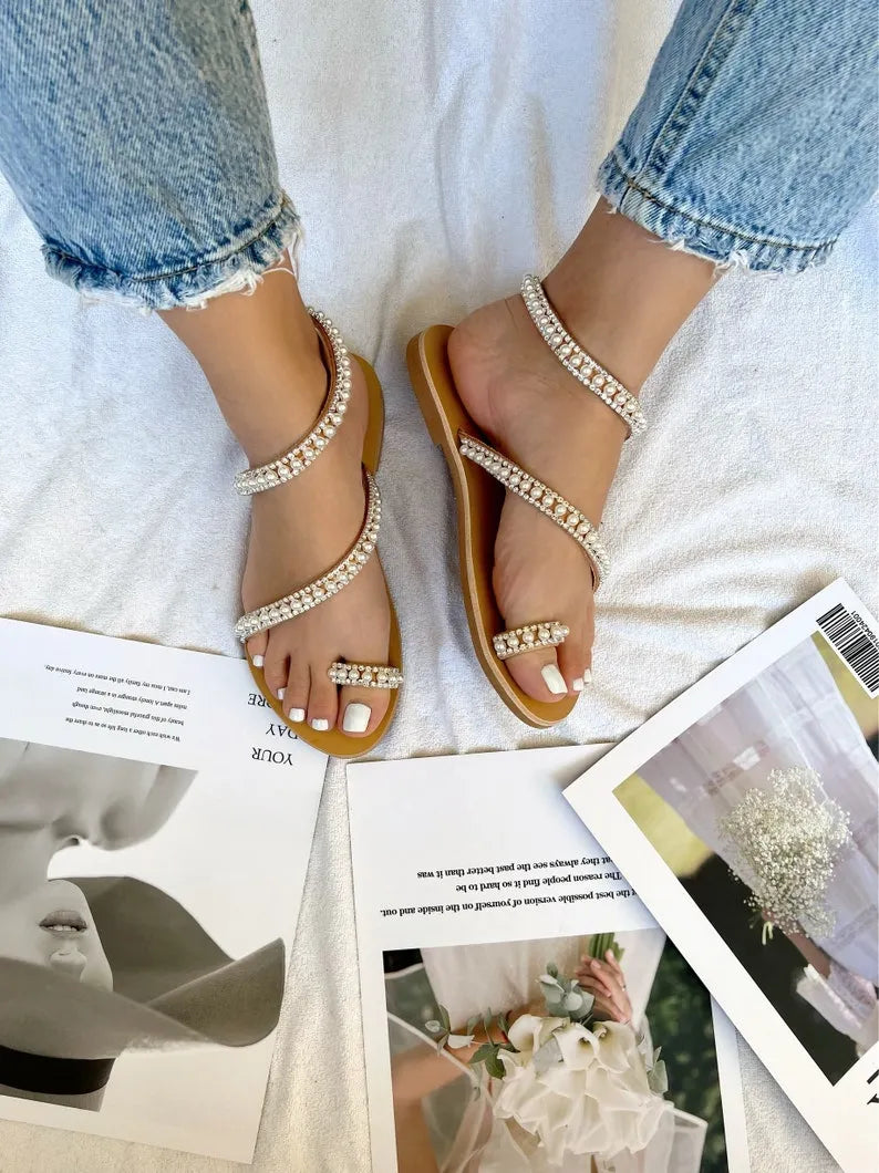 Women White Pearl Leather Sandals